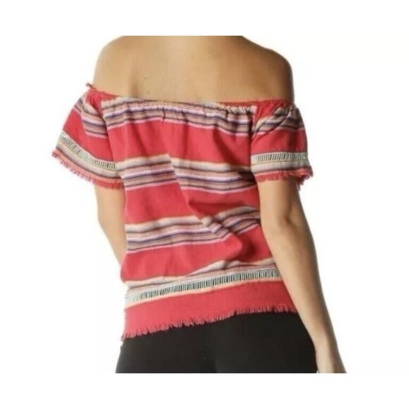 Anthropologie DRA Woven Frayed Raw Stripe Boho Top Large Short Sleeves - Picture 2 of 9
